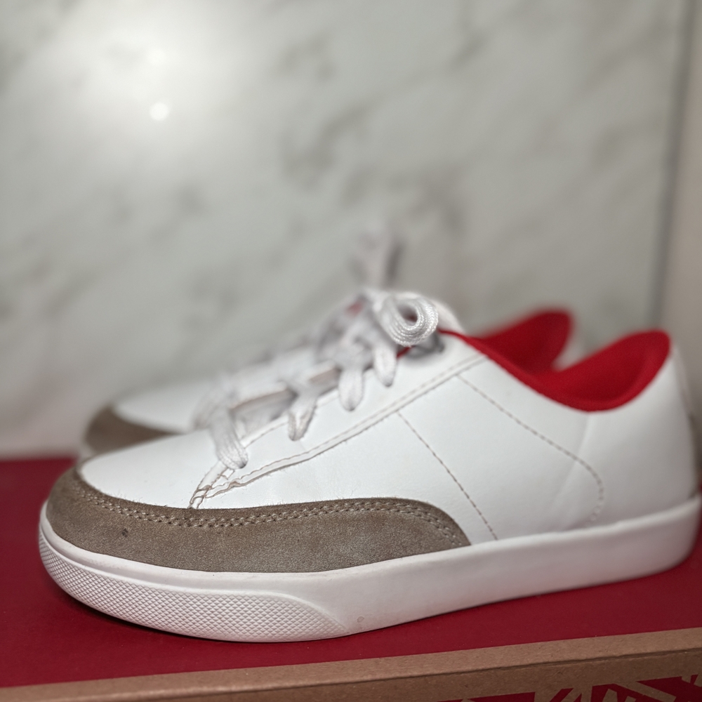 White and Tan Sneakers with Red Accents